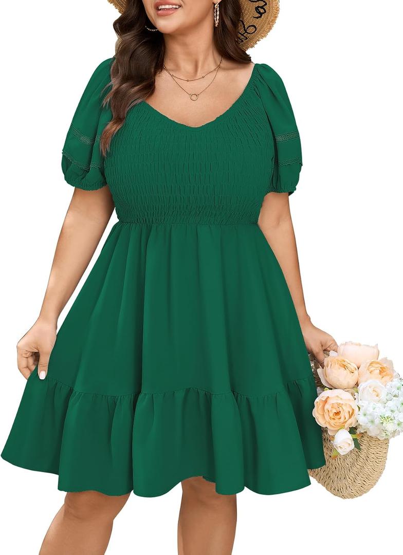 SCOMCHIC Women's Plus Size Summer Dresses Short Sleeve V Neck Casual A Line Spring Smocked Boho Cute Mini Short Dress (XXXL)