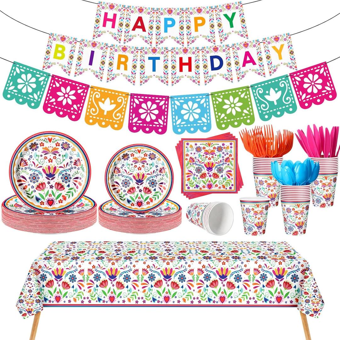 Domensi 144 Pcs Mexican Birthday Party Decoration Supplies for 20, Mexican Floral Cielito Lindo Paper Plates Napkins Cups Banner Papel Picado Tablecloth Cutlery Fiesta Birthday Tableware(White)