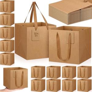 Windyun 25 Pcs Square Paper Gift Bags with Handle 8 x 8 x 8'' Favor Bag with DIY Thank You Tag for Wedding Bridal Shower Bridesmaid Graduation Birthday Party (Kraft Brown)