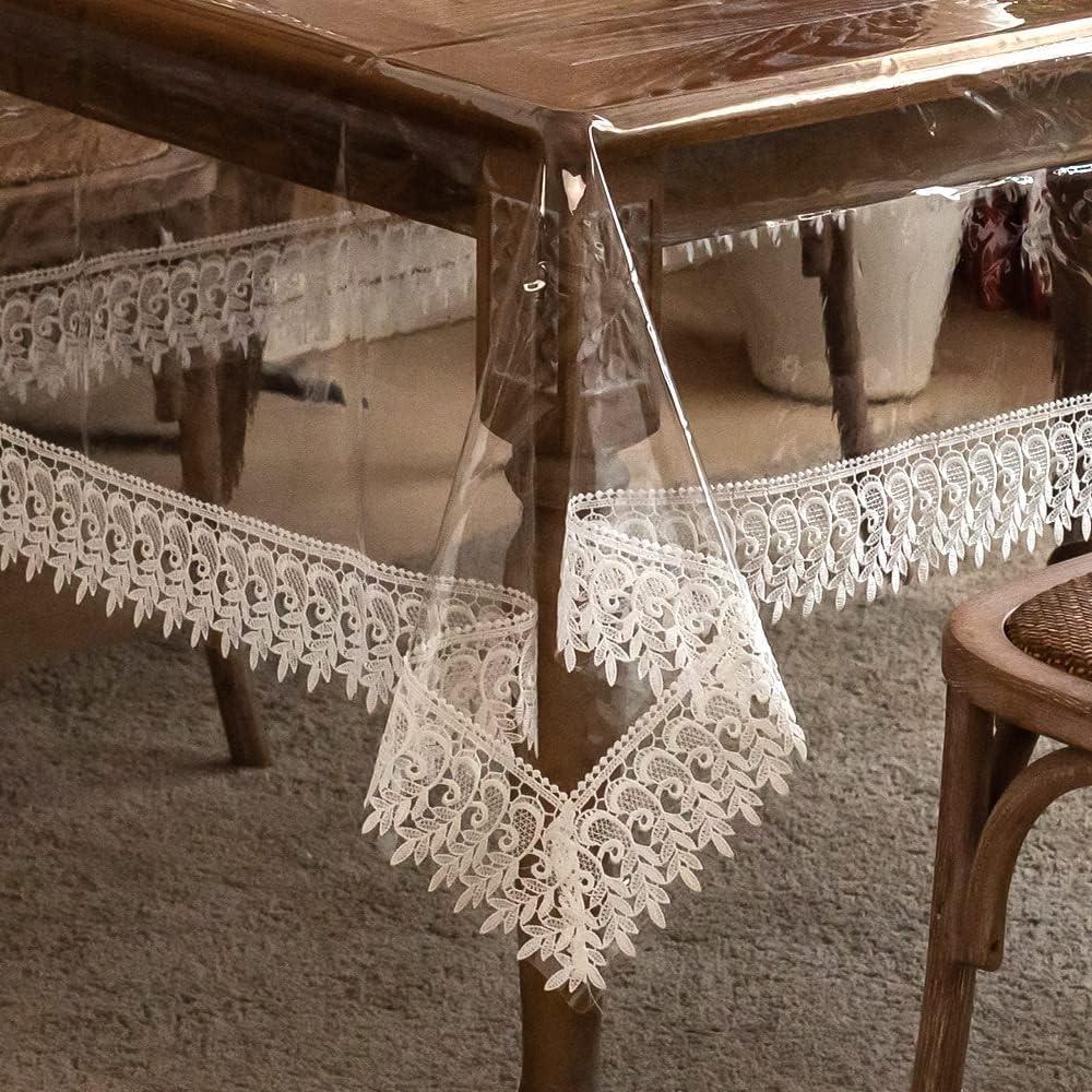 ARTABLE Vinyl PVC Rectangle Tablecloth Waterproof Clear Table Cover with Champagne Lace Macrame Border for Wedding Kitchen Home Outdoor Indoor Holidays Party Decor (Off White, 60 x 104 Inch)