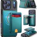 for iPhone 17 Pro Max Wallet Case Compatible with Magsafe, Magnetic RFID Blocking Card Holder Kickstand 2 in 1 Detachable Case for iPhone 17 Pro Max 6.9", Bluish Green