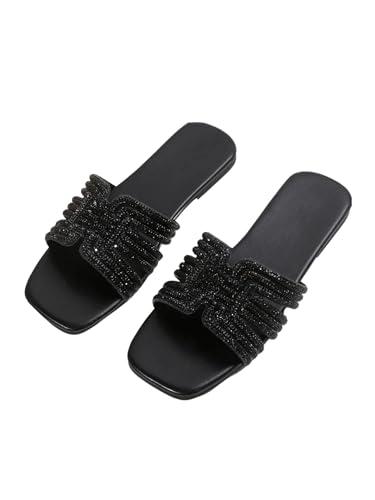Verdusa Women's Glitter Rhinestone Sandals Summer Square Toe Slip on Flat Sandals Black 39