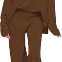 Viottiset Women's 2 Piece Outfits Sweatsuit Knit Long Sleeve Sweater Wide Leg Pants Loungewear (Large, Brown)