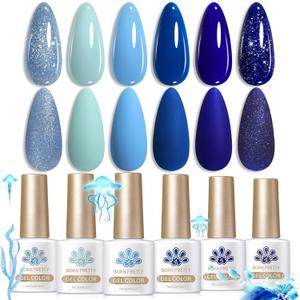 Born Pretty Blue Gel Nail Polish Set 6 Colors Spring Summer Light Baby Royal Blue Reflective Glitter Gel Polish Soak Off Nail Art Manicure DIY Design Home and Salon Holiday Gift