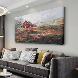 Farmhouse Wall Art Canvas Picture Red Rustic Barn Farm Artwork Decor Country Landscape Panoramic Countryside Rural Nature Scene Painting for Living Room Bedroom Office Decor Wall Decor 24"x48" (Brown)