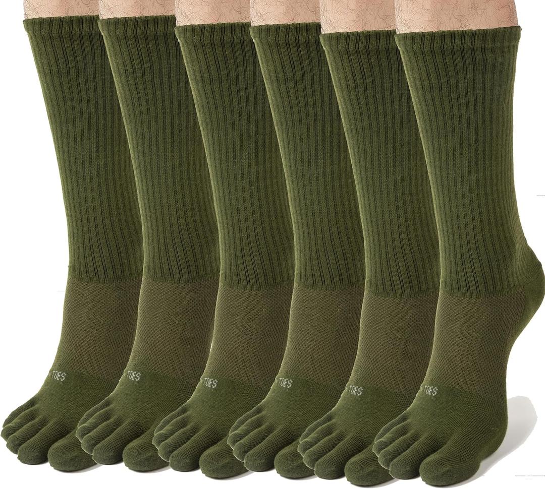 FUN TOES Men Crew Toe Socks Athletic Running - Proper Toe Alignment - Breathable Mesh Top - Value 6 Pairs Pack size 6-12 (Green, M)