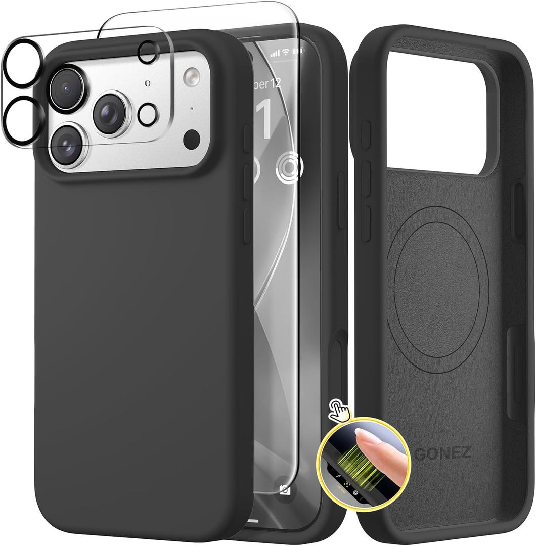 GONEZ Magnetic for iPhone 17 Pro Case, Compatible with MagSafe, [Screen Protector + Camera Lens Protector], Liquid Silicone Anti-Scratch Shockproof Protective Phone Case 6.3 inch, Black