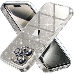 Choiche Compatible for iPhone 15 Pro Max Case Women Phone Case, Cute Bling Sparkly, Military Grade Protection, 3 Diamond Camera Lens Covers, 2 Tempered Glass Protectors, 6.7 inch (Glitter Clear)
