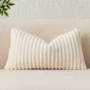 Kevin Textile Soft Plush 14x24 Inch Lumbar Pillow Cover 1 Pack, Luxury Fluffy Faux Fur Striped Flannel Rectangle Cushion Case for Couch Sofa Chair Bed Home Decor, Cream White