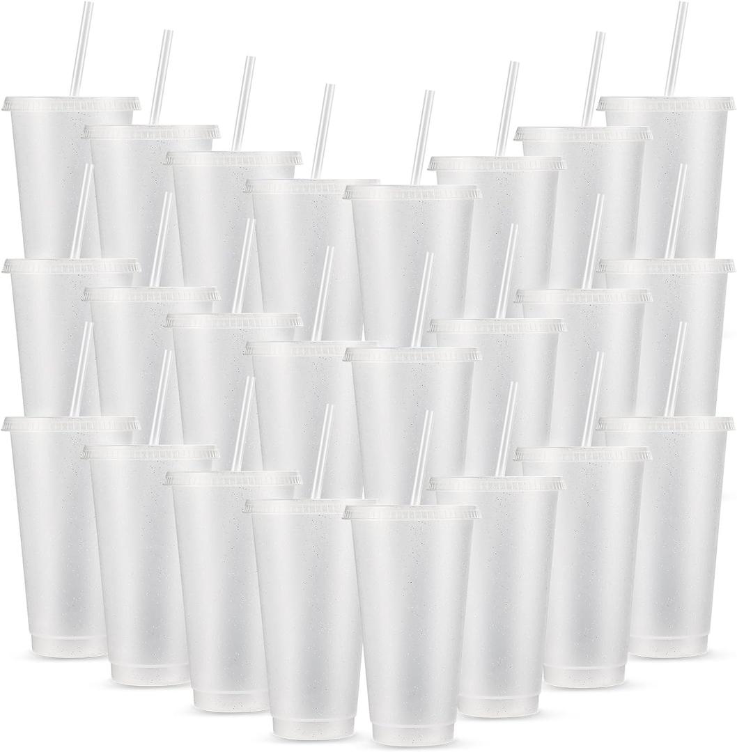 Amyhill 24 Pcs Reusable Cups with Lids and Straws 24 oz Glitter Iced Coffee Tumbler Plastic Travel Mug Cup for Smoothie Juices Birthday Sleepover Party Supplies for Girls(Clear)