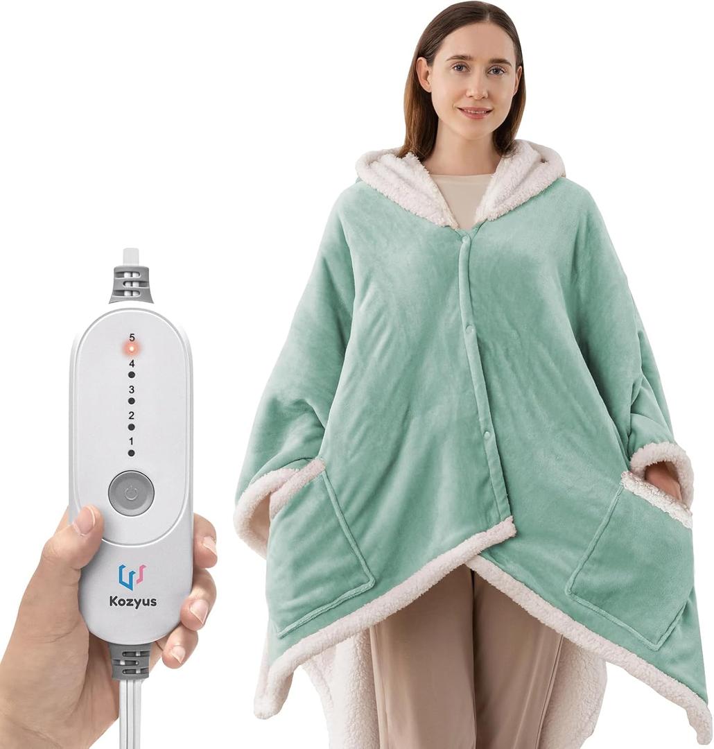Wearable Heated Throw Blanket, Heated Shawl Electric Wrap Poncho with Hood & Pockets for Women & Men, 5 Heat Settings, 3H Auto-Off, Machine Washable, ETL Certified, Gift-Ready, 56x63, Light Green