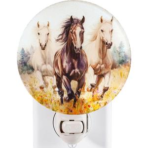 Horse Night Light  Stained Glass Styled Plug-in Wall Light for Vertical Outlets  Real Glass, Warm Glow for Bedroom, Bathroom, Hallway  Gift for Horse Lovers Three Horses