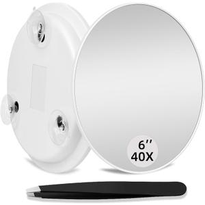 40X High Power Magnifying Mirror, 6inch Large Round Concave Travel Mirror with 3 Suction Cups Mounting, Powerful 40x Makeup Magnification with Tweezers Set