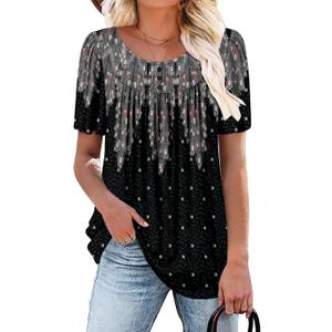 BETTE BOUTIK Women's Short Sleeve Summer Tunic Tops Flowy Flare Button Down Tunic Shirts Blouses S-3XL (Black, L)
