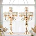 2Pcs Gold 5-Arm Crystal Pendant Metal Candle Holder with Square Crystal Bowl, 22-Inch Tall Wedding Table Centerpiece for Holiday Party Events, Christmas, Birthday Decorations