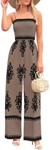 PRETTYGARDEN Women's Summer Boho Jumpsuits One Piece Beach Vacation Outfits Spaghetti Strap Wide Leg Pants Rompers,  L