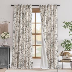 jinchan Blackout Floral Curtains for Living Room Bedroom Linen Blend Curtain Farmhouse Black Printed with Lined Back Tab Rod Pocket Drapes Window Treatments 2 Panels 102 Inch