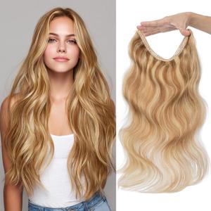 Halo Hair Extensions Real Human Hair Invisible Wire Extensions with Transparent Fish Line Wavy Curly Halo Clip in Human Hairpieces Golden Brown & Bleach Blonde 12 Inch