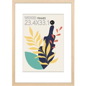 A1 Poster Frame,23.4x33.1 Natural Soild Wood Picture Frames with Polished Plexiglass,Easy to Hang,Display Picture A1 without Mat or A2 with Mat for Wall Mounting Horizontally and Vertically (Natural)