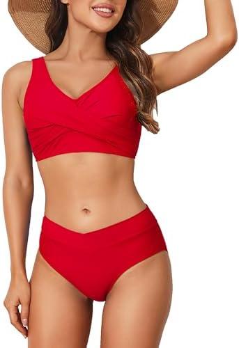 Limeeke Women's High Waisted Bikini Set Twist Front Two Piece Swimsuit Lace Up Tie Back Bathing Suits M