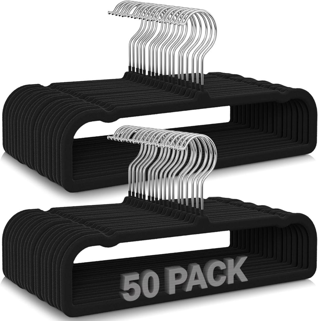 50 Pack Black Velvet Hangers Non Slip, Felt Pants Hangers Thin Space Saving Clothes Hanger Flocked Strong Durable Ganchos para Colgar Ropa with 360Swivel Hook for Pants Jeans Shorts Skirts Tank Top