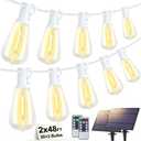 Larkvue 96FT(2x48FT) Solar Outdoor String Lights with Remote & Timer, Waterproof Dimmable Patio Lights with 30+2 ST38 LED Bulbs for Garden Deck-White