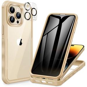 CENHUFO Privacy for iPhone 14 Pro Max Case, Full Body Phone Case with Built-in 9H Tempered Glass Privacy Screen Protector and Camera Lens Protector, Anti Peep Shockproof Bumper Clear Cover - Beige