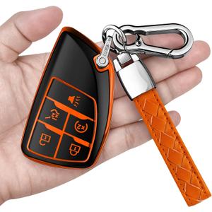 for for Chevy Key Fob Cover with Keychain Soft TPU Protection Case Compatible with 2021-2026 Chevrolet Equinox Blazer Tahoe Suburban GMC Yukon Denali Silverado 5-Buttons (Orange)