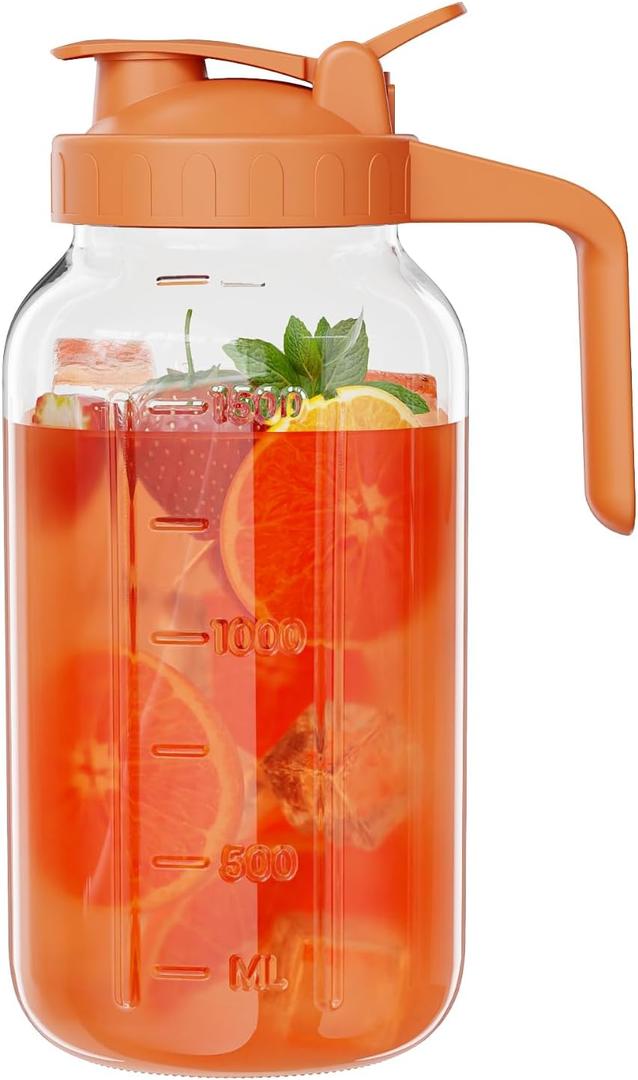 Glass Mason Jar Pitcher, 64 oz Wide Mouth Jug with Pour Spout Handle Lid for Cold Brew Coffee, Ice Beverage, Iced Juice, Lemonade, Sun Tea, Fruit Drinks ContainerOrange