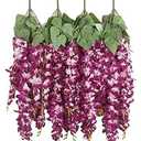 Duovlo Silk Wisteria Flower Artificial 2.13 Feet Hanging Wisteria Vine Fake Flower Bush String Home Party Wedding Decoration,Pack of 4 (Dark Purple)