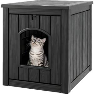 Cat Litter Box Enclosure, Plastic Hidden Litter Box Side Table with Openable Front Door, Waterproof & Weatherproof Cat Box Enclosure Cabinet for Indoor & Outdoor Use (Black)