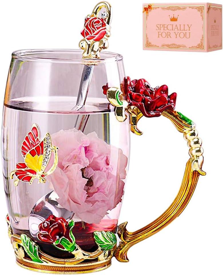 Birthday Gifts For Women,Enamel Butterfly Flower Glass Tea Cup Rose Red Coffee Mug,Cute Gifts For Mom Grandma Women Wife Female Friend on Mothers day Anniversary Christmas Valentines