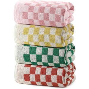 REDKISS Checkered Bath Towels Set - 4 Piece Large Shower Towels for Bathroom Decoration, Highly Absorbent Cotton Bath Towel of 4, Cute Checkered Shower Retro Towel for Bathroom, Multicolored (Green & Red & Pink & Yellow)