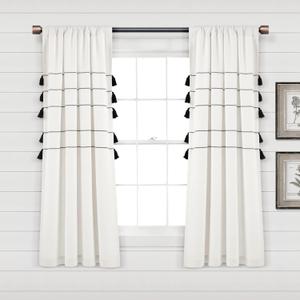 Lush Decor Farmhouse Boho Stripe Woven Tassel Yarn Dyed Cotton Window Curtain Panel Pair, 63" L x 42" W, Ivory & Black