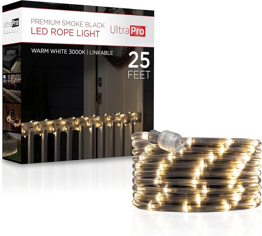 UltraPro LED Rope Lights, 25ft Premium Smoke Black Rope, Warm White Light 3000K, Indoor/Outdoor, Discreet, Elegant, Flexible, Linkable, Durable, Rope Lights Outdoor, 64621