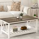 Coffee Table with Storage Small White Farmhouse Coffee Table for Livingroom | Farmhouse Style , Coffee table , Walnut Top , 2-Tier Slat Shelf , V-Shape Frame , 39.4" L x 21.6" W ,Sturdy Frame, 21.6Dx39.4"Wx17.8"H