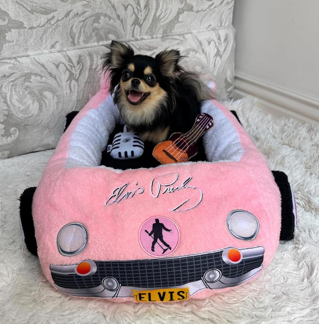 Elvis Plush Car Pet Bed  Pink Pet Bed with Musical-Design Pillows and Elegant Car Styling Elvis Plush Car Pet Bed  Pink Pet Bed with Musical-Design Pillows and Elegant Car Styling
