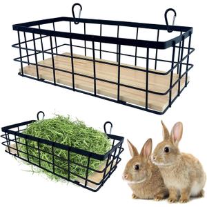 2PCS Rabbit Hay Feeder, Bamboo Wood Mat Wrought Iron Frame Hay Rack for Rabbits, Guinea Pigs, Chinchilla