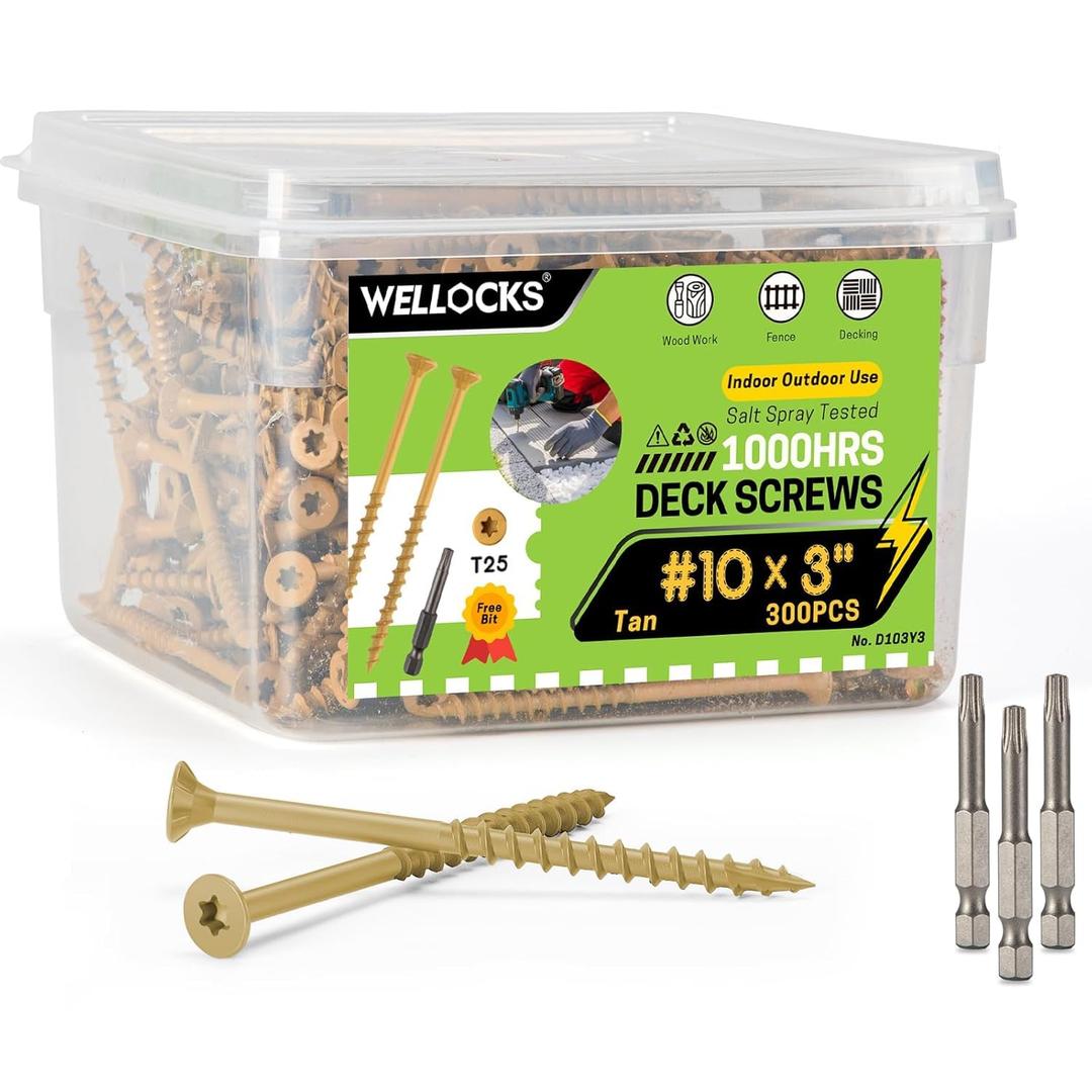 WELLOCKS Deck Screws 3", Wood Screws #103", Tan 300 PCS with 3 Bits, Superior Rust Resistant, Epoxy Coated, Above 1000 Hour Salt Spray Coating T25 Torx Star Bit Included for Outdoor Wood Fence