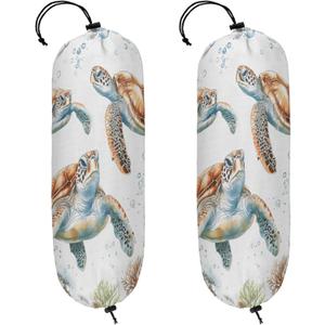 Ocean Sea Turtles Plastic Bag Holder 2 Pcs Grocery Bag Organizer Reusable Trash Bags Organizer Wall Mount Washable Kitchen Dispenser Holders with Drawstring Closure