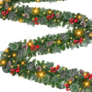 9 Foot by 10 Inch Christmas Garland  50 LED Lights, Battery Operated Lighted Garland Wreath with Pine Cones Red Berries Lush Branches, Prelit Garland Xmas Decoration Indoor Outdoor Home Holiday