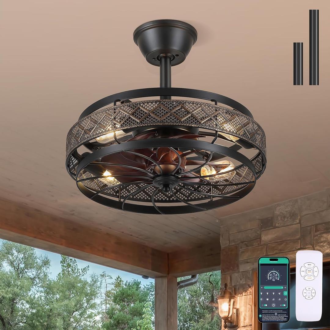 18" Small Black Industrial Caged Ceiling Fans with Lights and Remote
