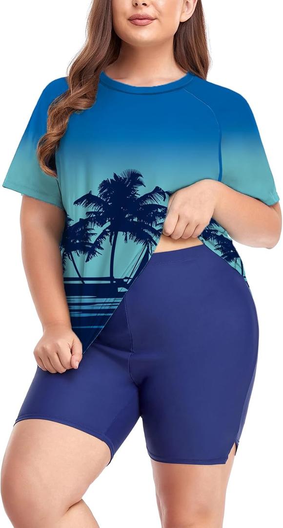 Inno Women's Plus Size 2 Piece Rash Guard Swimsuits Short Sleeve with Boyshorts UPF 50+ Surfing Swimwear 1X 2X 3X 4X 5X 6X (1X)