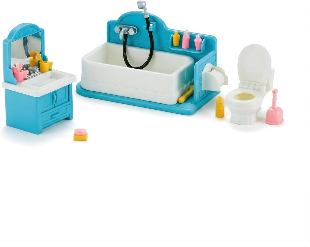 Family Dollhouse Bathroom Set  Bathtub with Hand Shower, Sink with Mirror & Toilet, Soap, Toothbrush & Toilet Paper Roll  Dollhouse Furniture & Accessories for Ages 3+