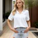 YAMANMAN Women's Button Down Shirt Work Short Sleeve Collared Blouse Classic Loose Tops Office Chiffon Blouse (White, M)