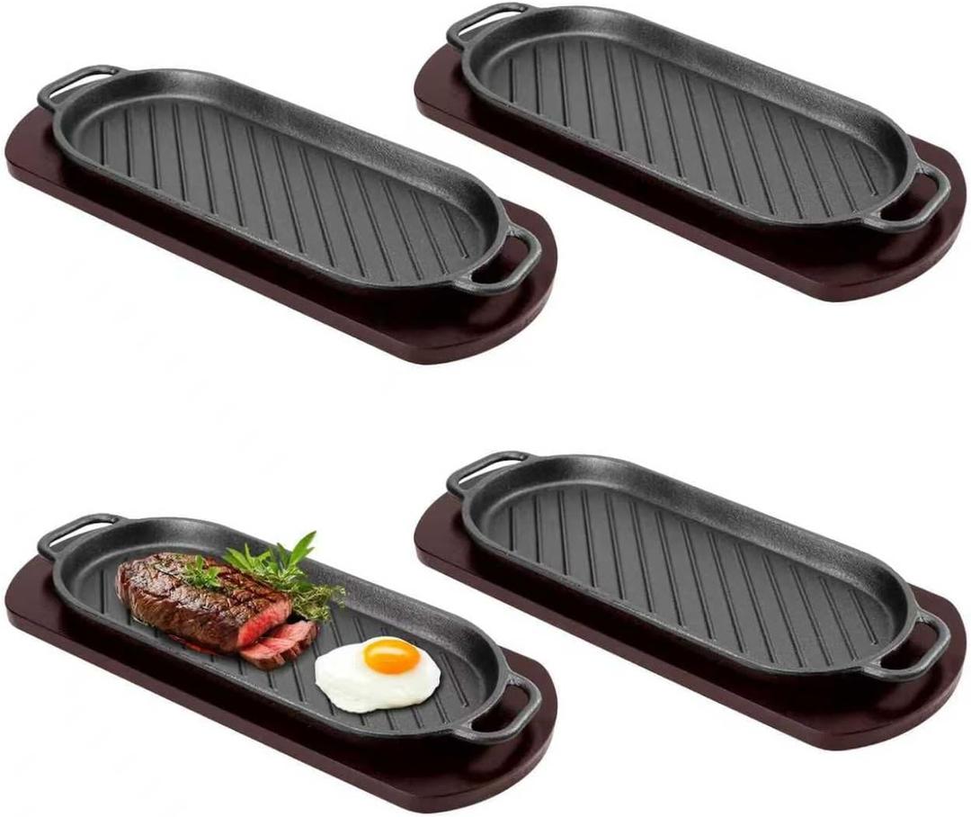 DVK Fajita Skillet Sizzling Plate with Wooden Base for Steak Plate Home Restaurant Kitchen Cooking (4PCS)