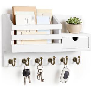 FifthQuarter Key Holder Wall Mount: Key and Mail Holder for Wall with 6 Hooks and Storage Drawer, Easy Installation Key Rack for Entryway Home Decor (A-White)