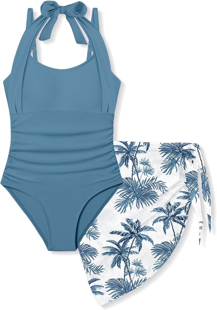 Girls Swimsuit Halter Neck One Piece Bathing Suit with Tropical Printed Cover Up Skirt Girls' Swimwear Set 7-18Y (13-14 Years, Dark Blue-1)