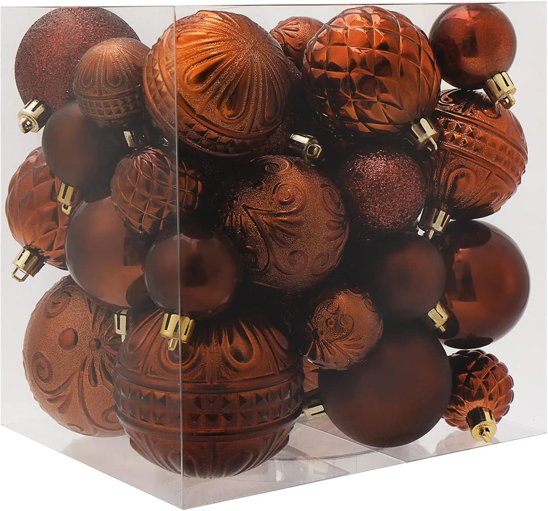 Christmas Ball Ornaments Brown Christmas Tree Decorations with Hang Rope-36pcs Shatterproof Christmas Ornaments Set with 6 Styles in 3 Sizes(Small Medium Large)