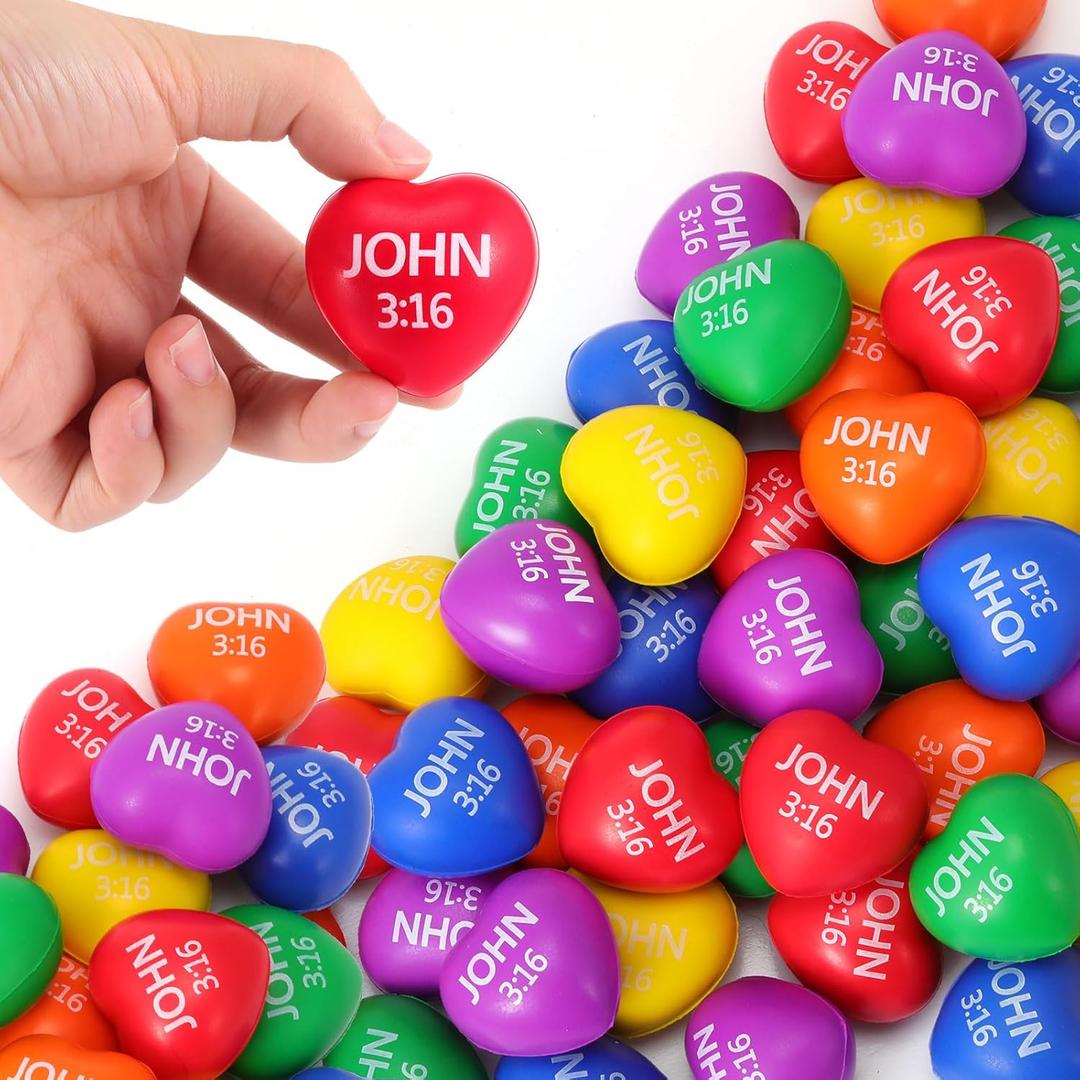 Zubebe 48 Pcs Christian Heart Stress Balls Bulk, John 3: 16 Jesus Loves You Foam Squeeze Balls, Religious Gifts for Sunday School Church Baptism First Communion Easter Vbs Party Favors (Multicolor)